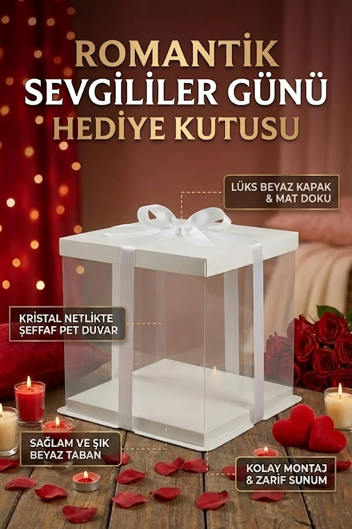 Beyaz Sevgililer Günü İçin Şeffaf Hediye Kutusu – Lüks Sunum Kutusu (33.5x33.5x26 cm)