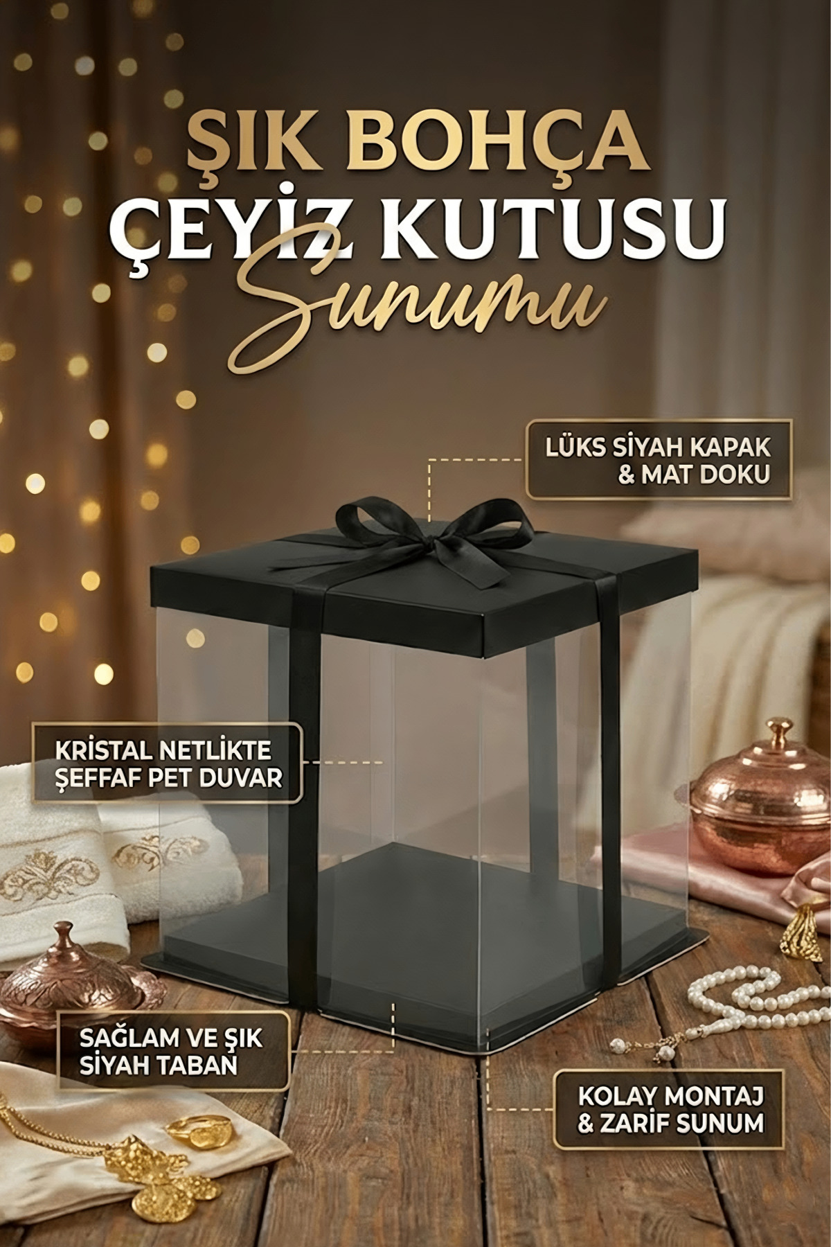 Hediye Bohça Çeyiz Kutusu – Siyah Kurdeleli Şeffaf Lüks Sunum Kutusu
