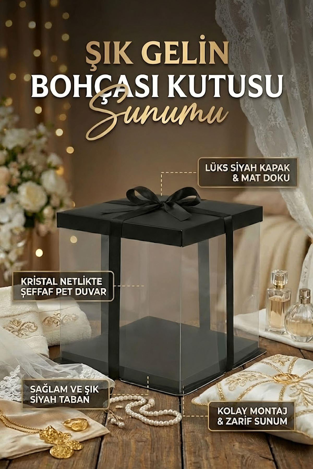 Gelin Bohçası Şeffaf Lüks Hediye Kutusu (33.5x33.5x26 cm) – Siyah Kapaklı Premium Sunum Kutusu