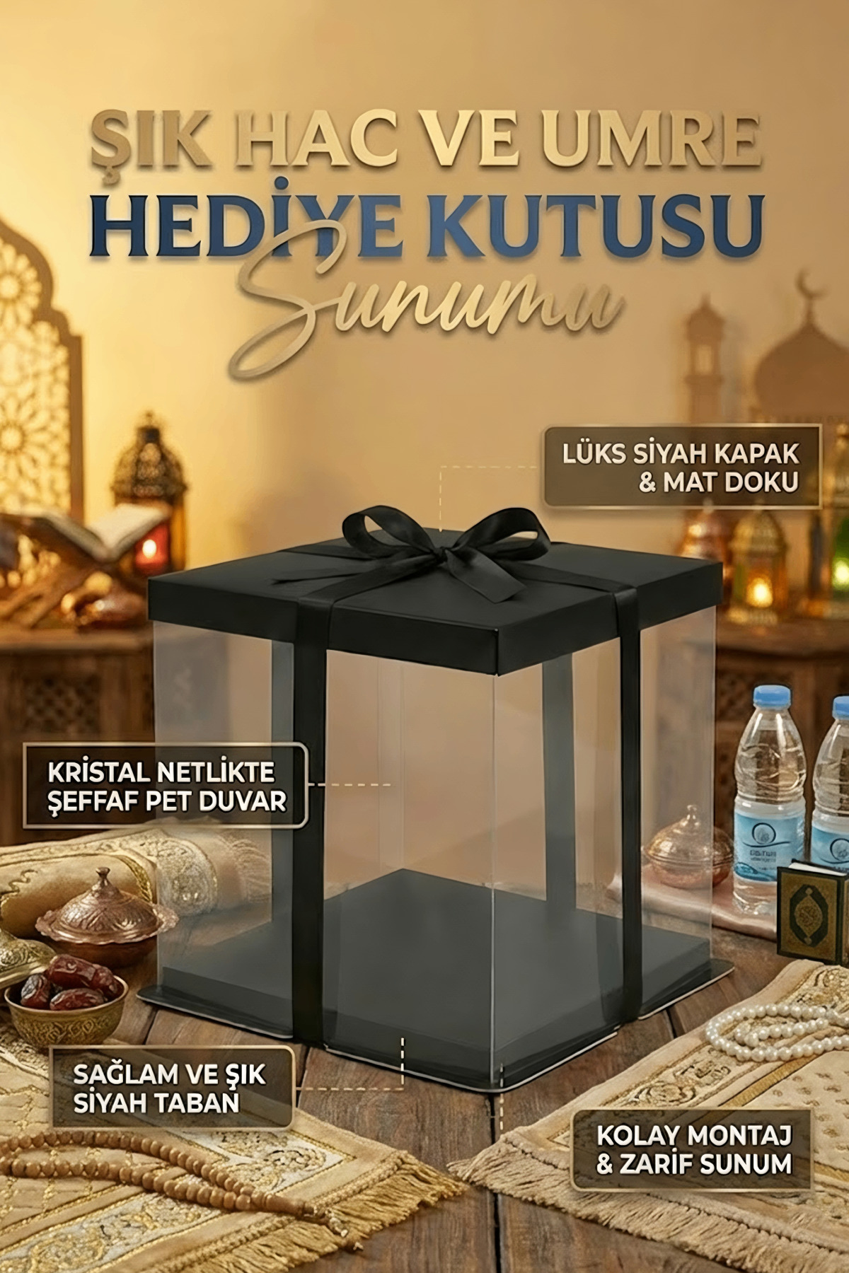 Hac Umre Hediye Kutusu Şeffaf Siyah Lüks Sunum Kutusu (33.5x33.5x26 cm)