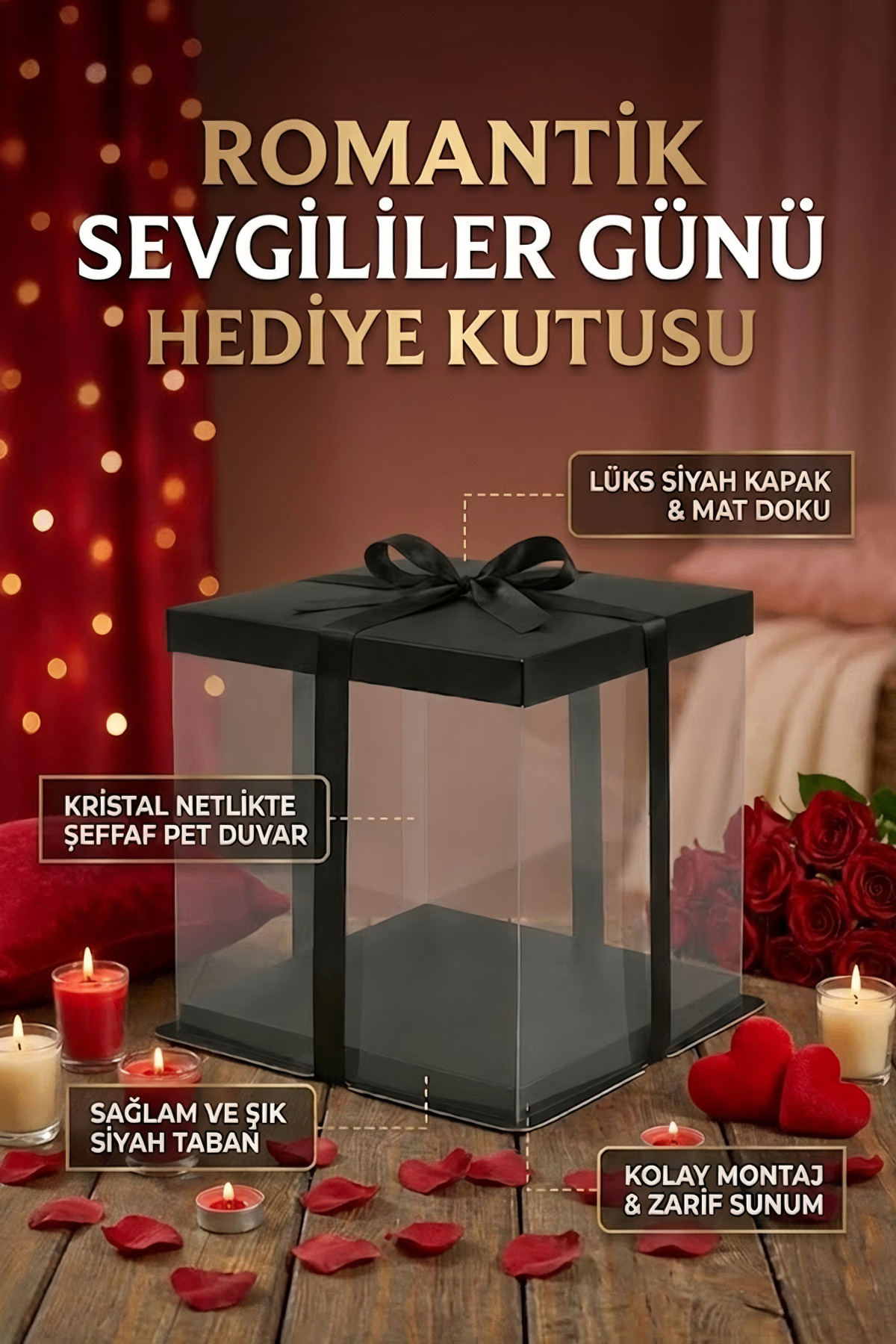 Sevgililer Günü Hediye Kutusu Şeffaf Siyah Lüks Sunum Kutusu (33.5x33.5x26 cm)