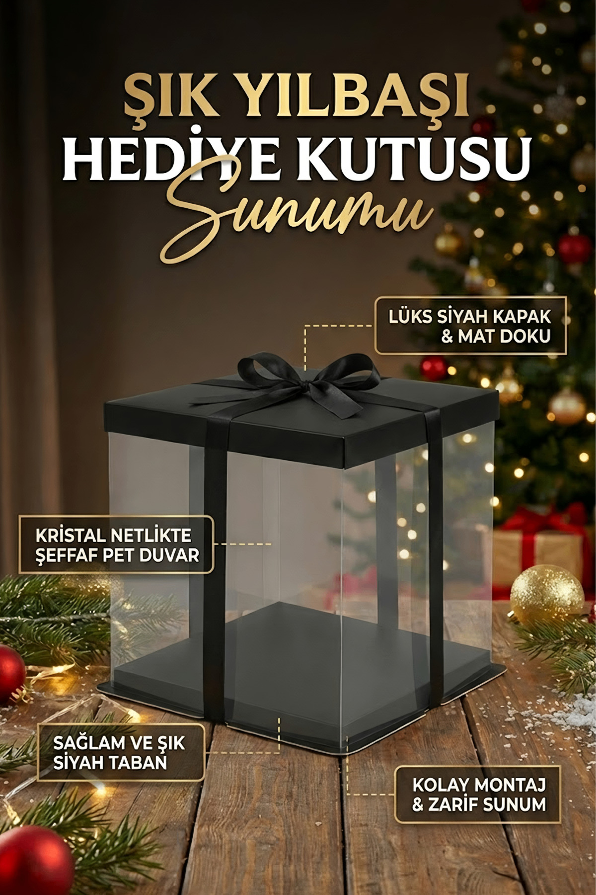 Siyah Yılbaşı İçin Şeffaf Hediye Kutusu Lüks Sunum Kutusu (33.5x33.5x26 cm)