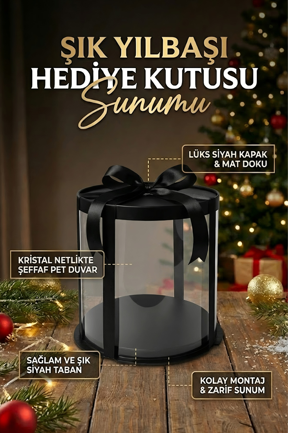 Silindir Siyah Yılbaşı İçin Şeffaf Hediye Kutusu – Lüks Sunum Kutusu (35.5x35.5x26 cm)