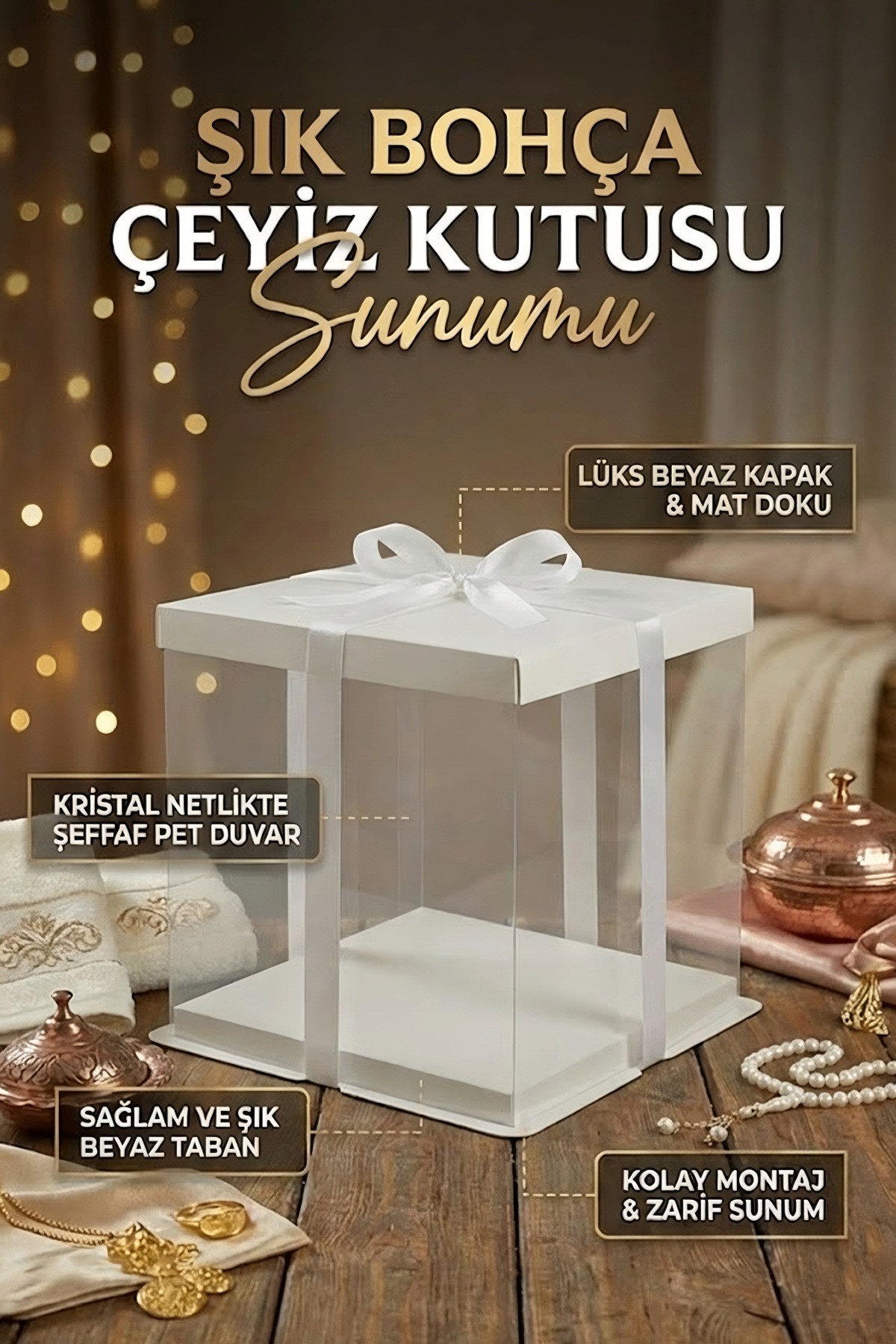 Beyaz Damat Bohçası Hediye Kutusu Şeffaf Lüks Sunum Kutusu (33.5x33.5x26 cm)