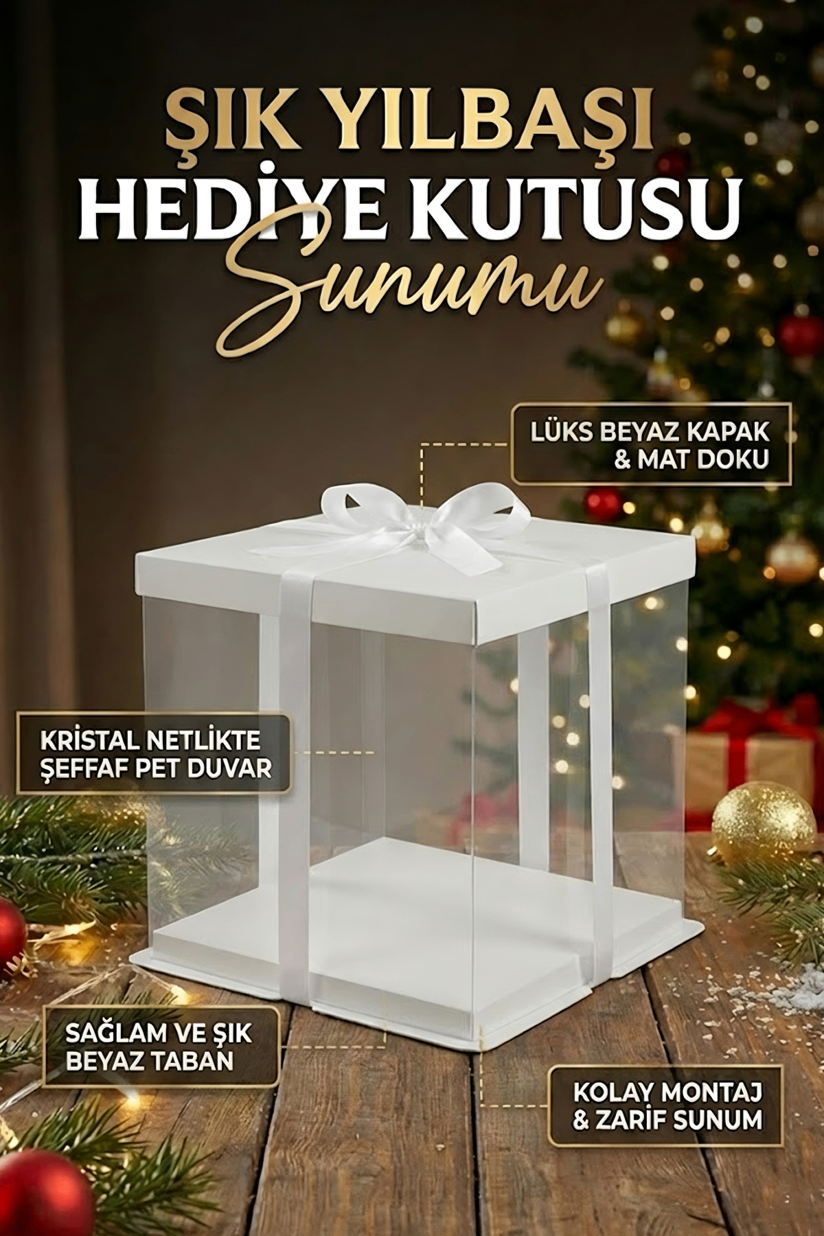 Beyaz Yılbaşı İçin Şeffaf Hediye Kutusu – Lüks Sunum Kutusu (33.5x33.5x26 cm)