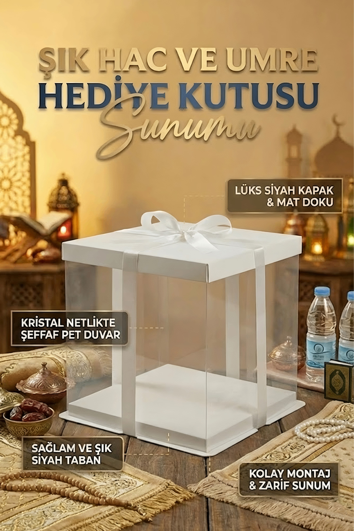 Beyaz Hac ve Umre İçin Şeffaf Hediye Kutusu – Lüks Sunum Kutusu (33.5x33.5x26 cm)