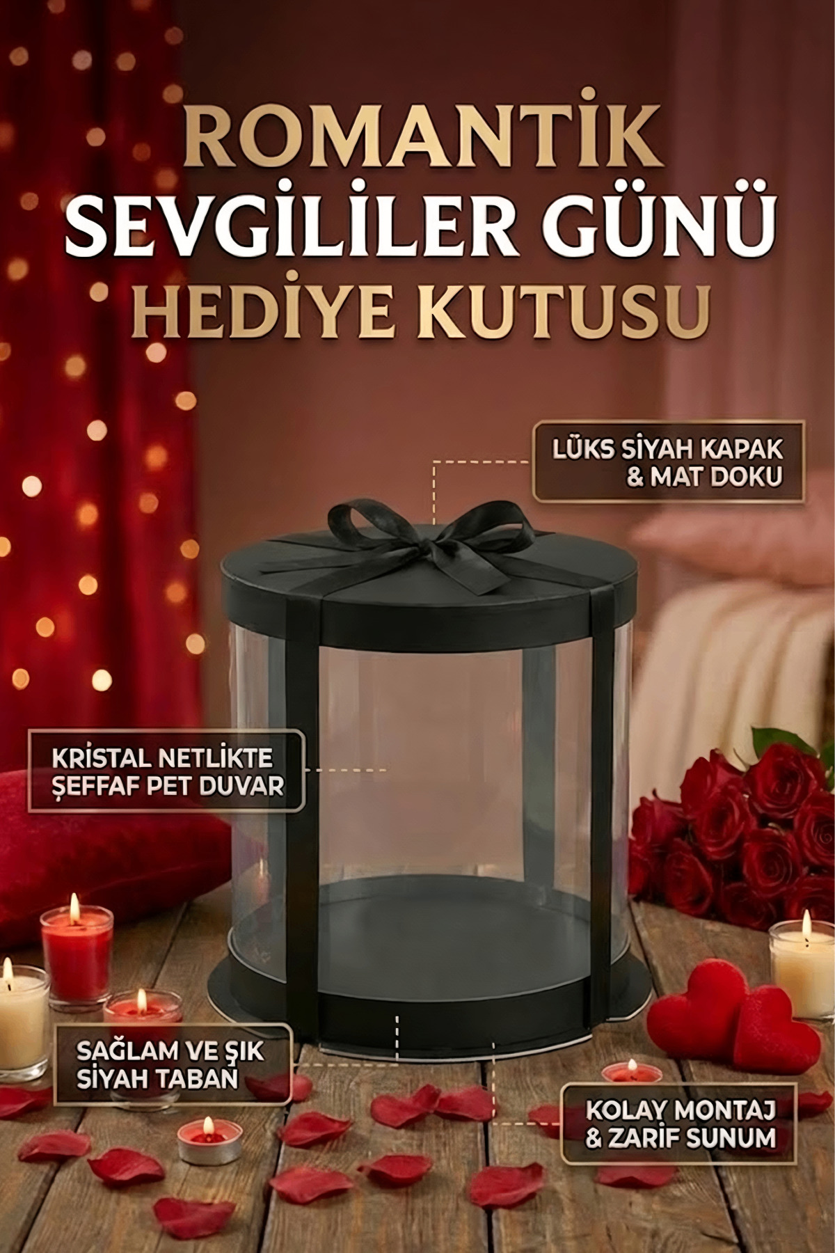Silindir Siyah Sevgililer Günü İçin Şeffaf Hediye Kutusu – Lüks Sunum Kutusu (35.5x35.5x26 cm)
